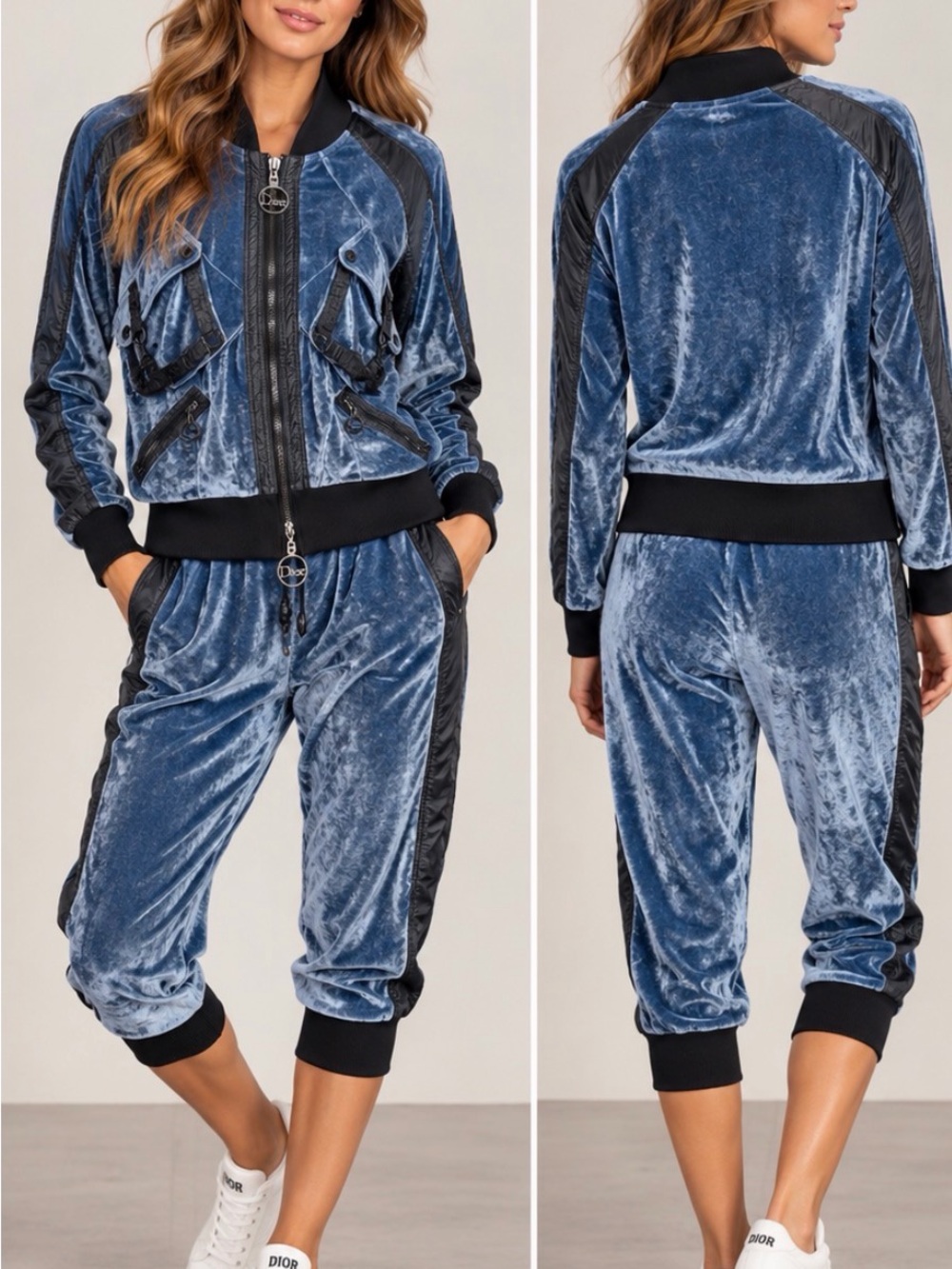 Vintage Christian Dior Boutique Blue Crushed Velvet Bomber & Capri Pants  Set 6
